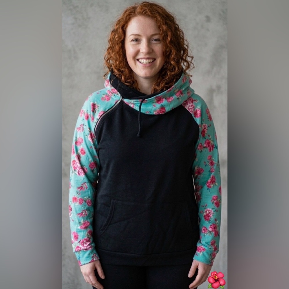 Silver Icing- Floral Sleeve Black Pullover Hoodie/Sweater Double/Crossover Hood